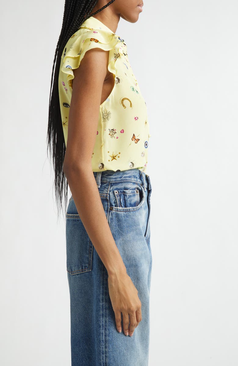 Alice + Olivia Martel Ruffle Flutter Sleeve Silk Button-Up Shirt, Alternate, color, Lucky Star