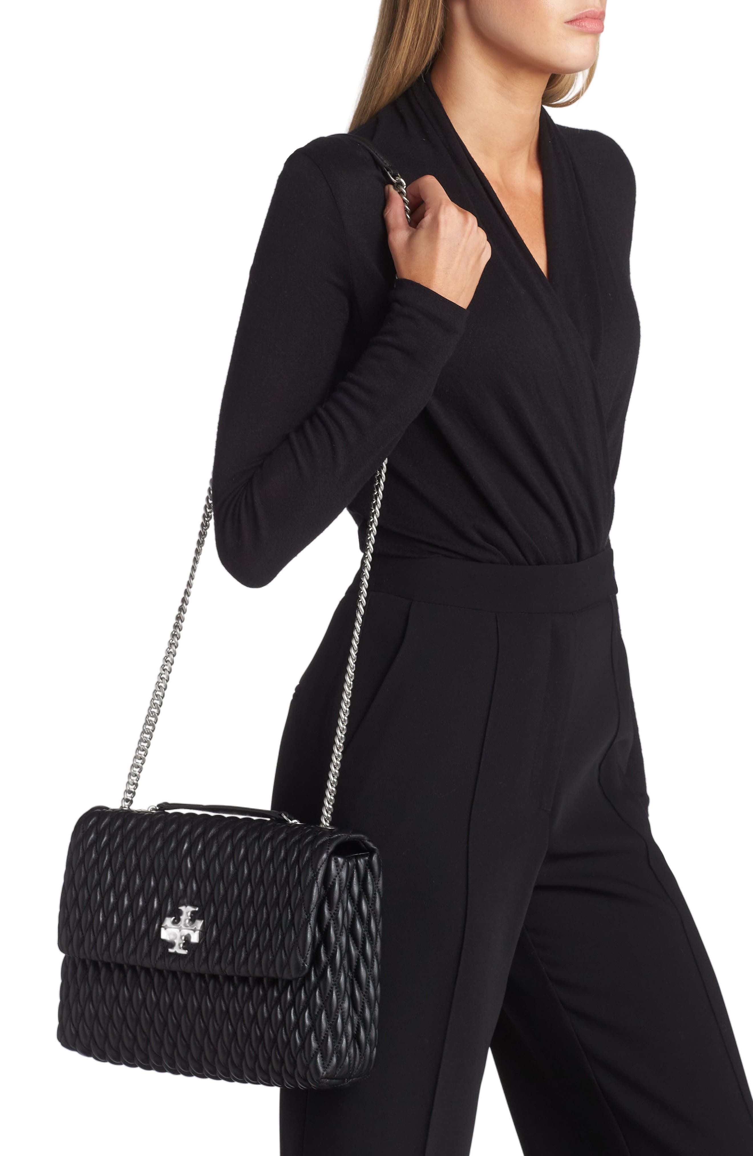 Tory Burch Kira Ruched Leather Convertible Shoulder Bag, Alternate, color, 