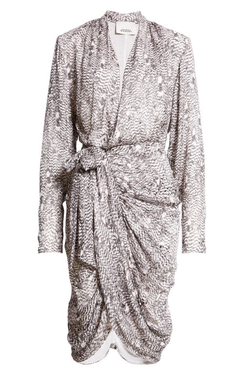 Isabel Marant Cleora Print Draped Long Sleeve Silk Blend Dress In Black/ecru