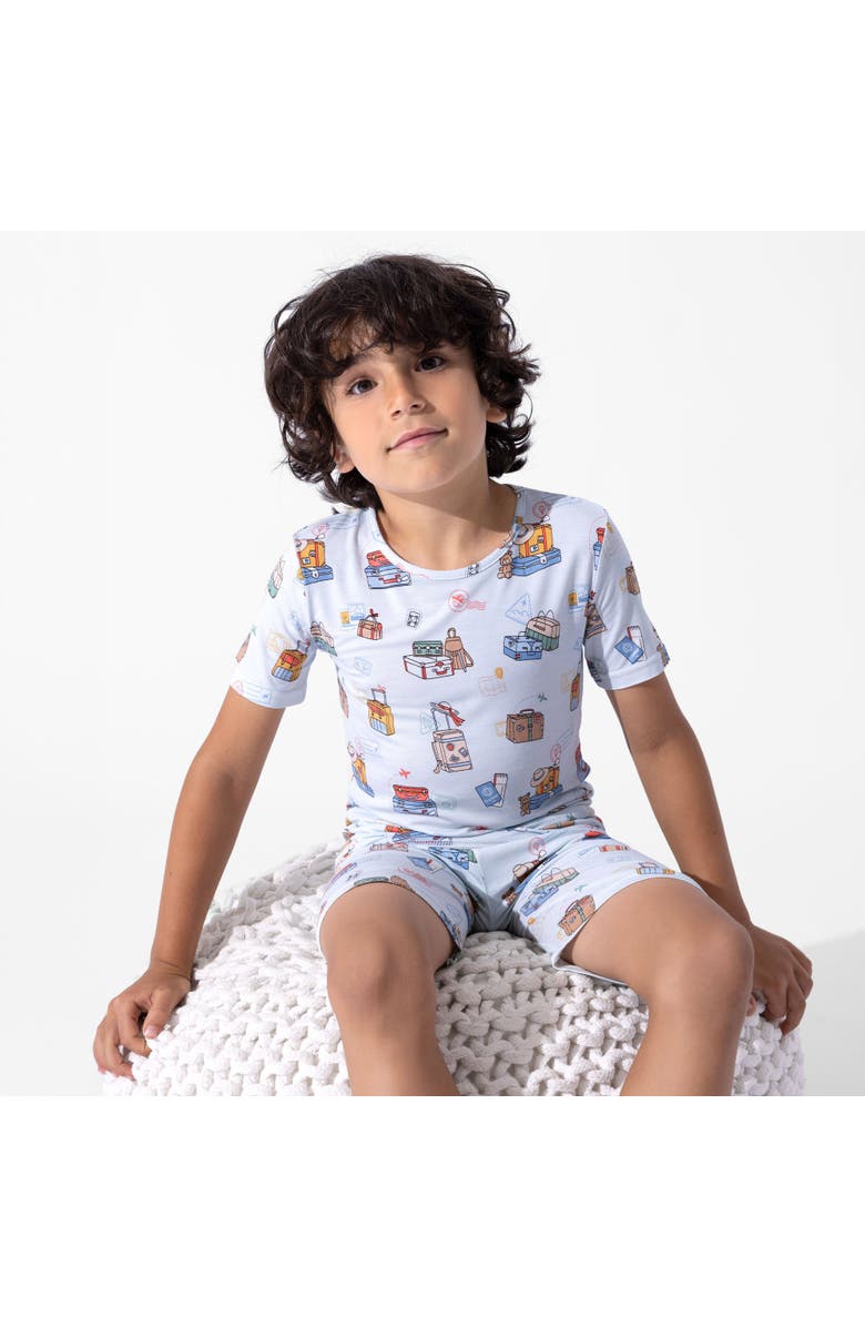 Bellabu Bear Vintage Suitcases Kids 2-Piece Short Sleeve & Shorts Pajama Set, Alternate, color, Vintage Suitcases