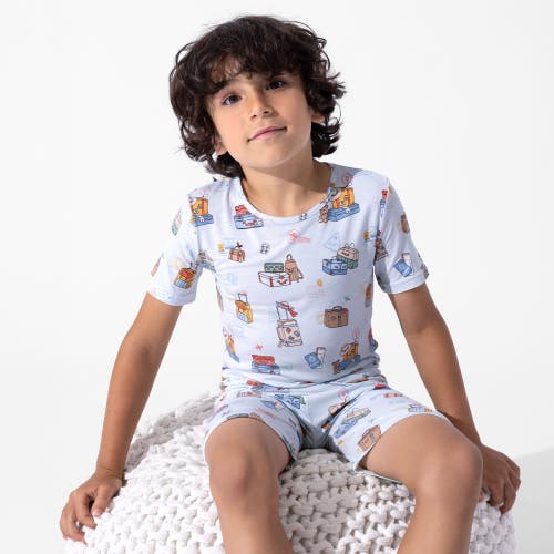 Bellabu Bear Vintage Suitcases Kids 2-piece Short Sleeve & Shorts Pajama Set In Blue