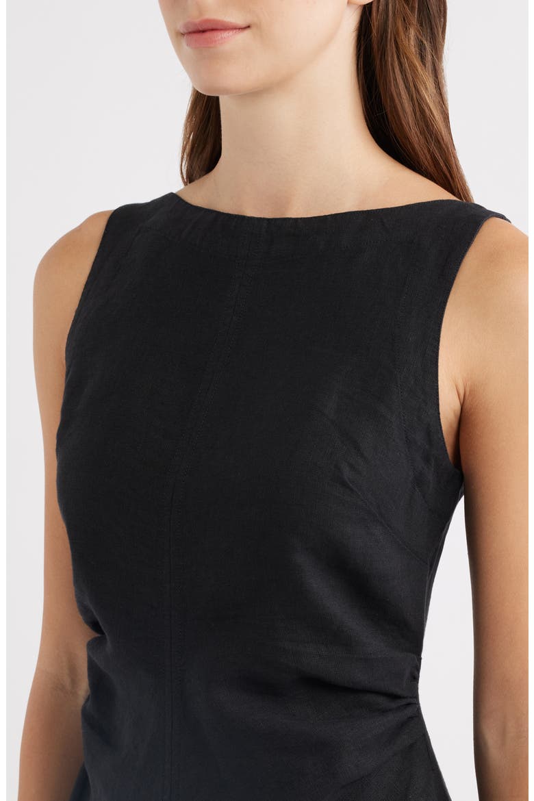 Boat Neck Shirred Linen Minidress, Alternate, color, JET BLACK