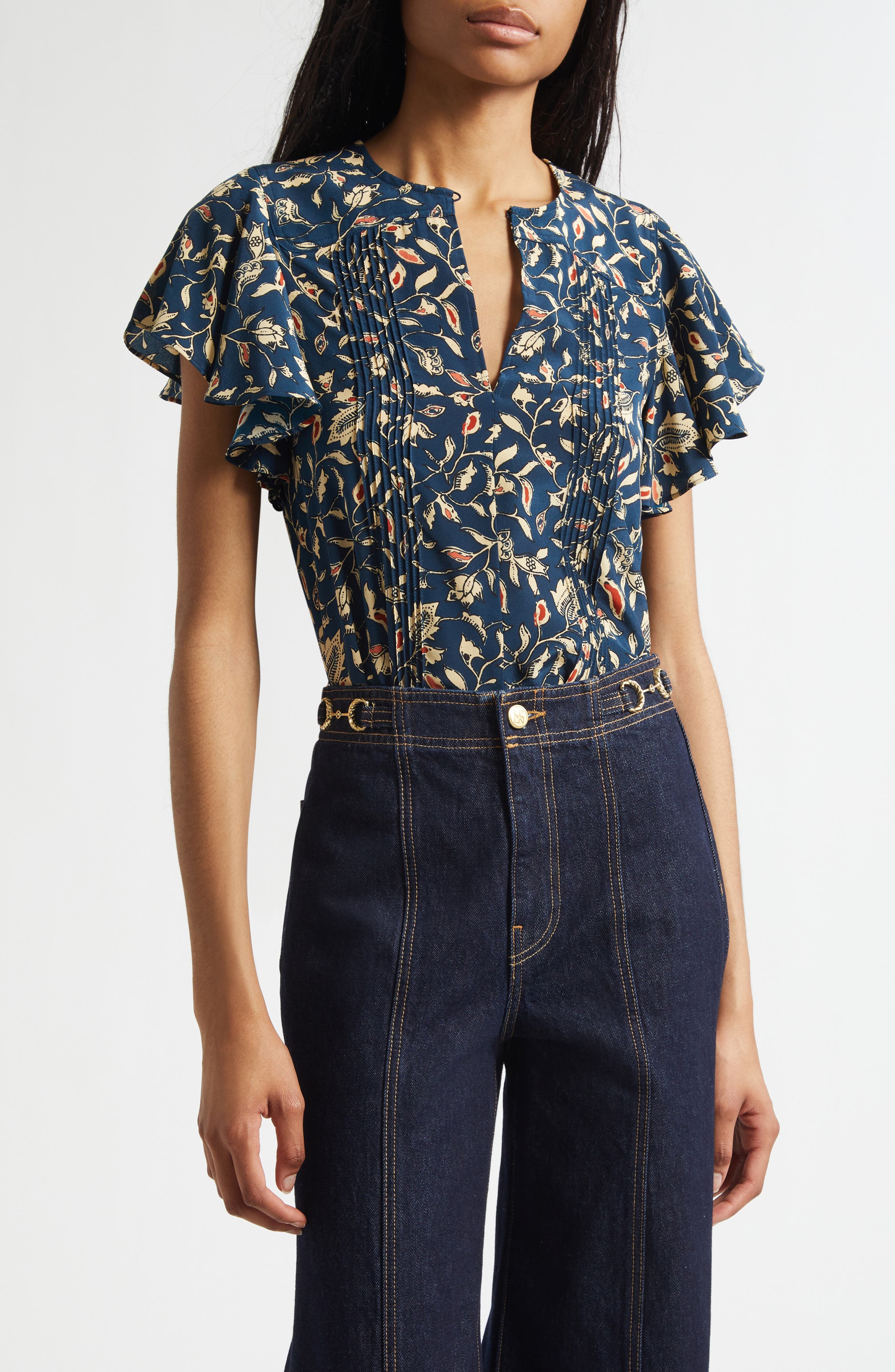 Adoni Floral Silk Split Neck Top