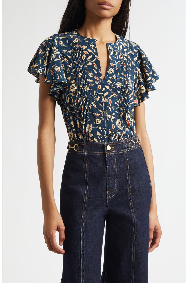 Adoni Floral Silk Split Neck Top, Main, color, MIDNIGHT GARDEN