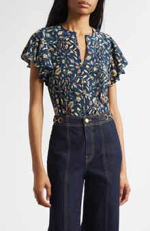 Adoni Floral Silk Split Neck Top