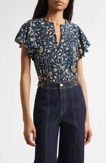 Adoni Floral Silk Split Neck Top