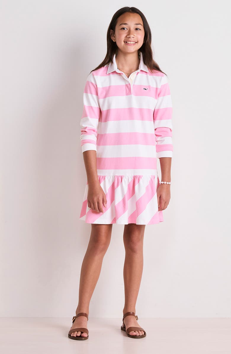 vineyard vines Kids' Stripe Long Sleeve Cotton Drop Waist Rugby Dress, Alternate, color, Stripe Cotton Candy