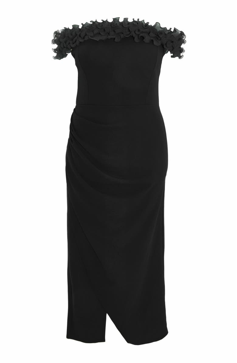 QUIZ Plus Size Scuba Crepe Ruffle Bardot Maxi Dress, Alternate, color, 