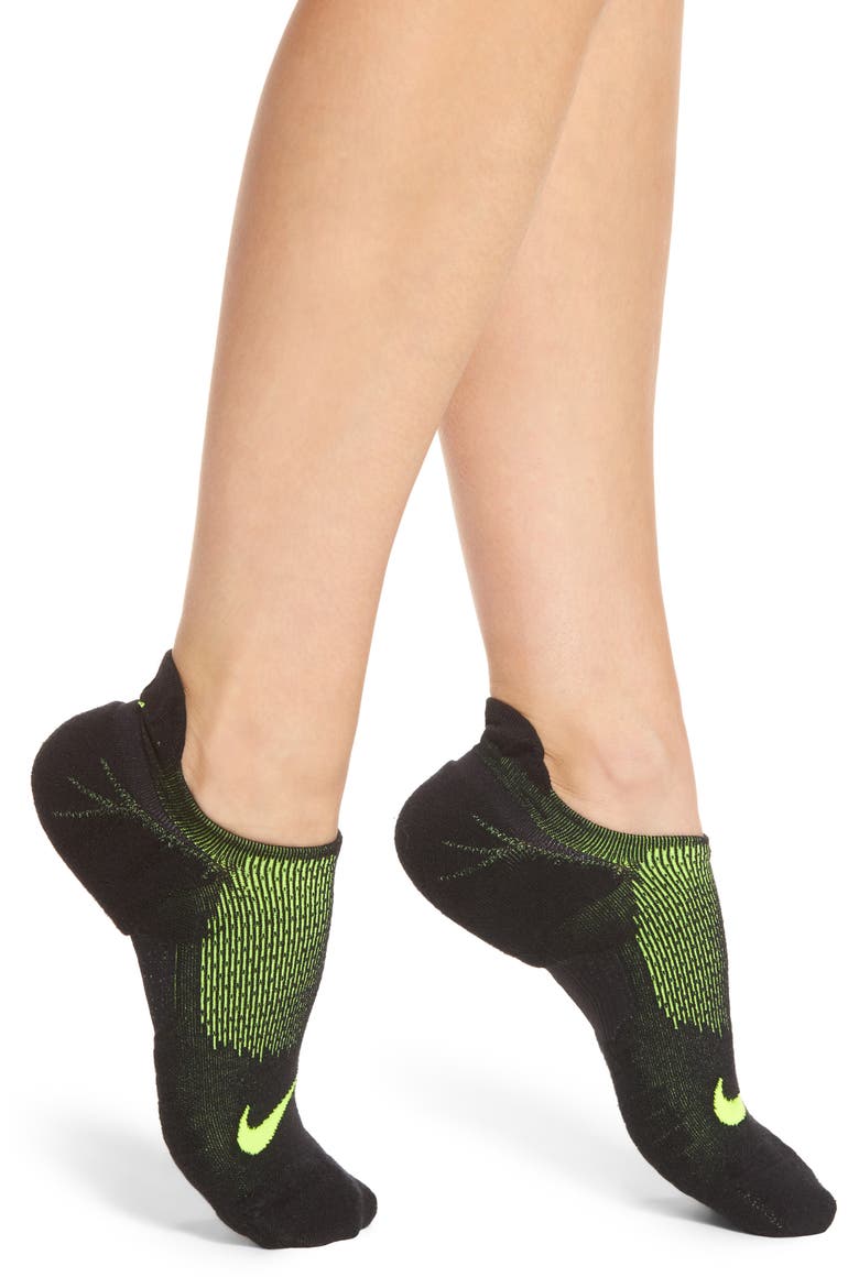 Elite Cushioned No-Show Tab Running Socks, Main, color, BLACK/ VOLT/ VOLT