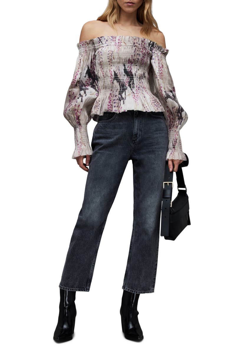 AllSaints Lara Dionne Linen Blend Off the Shoulder Top, Alternate, color, 