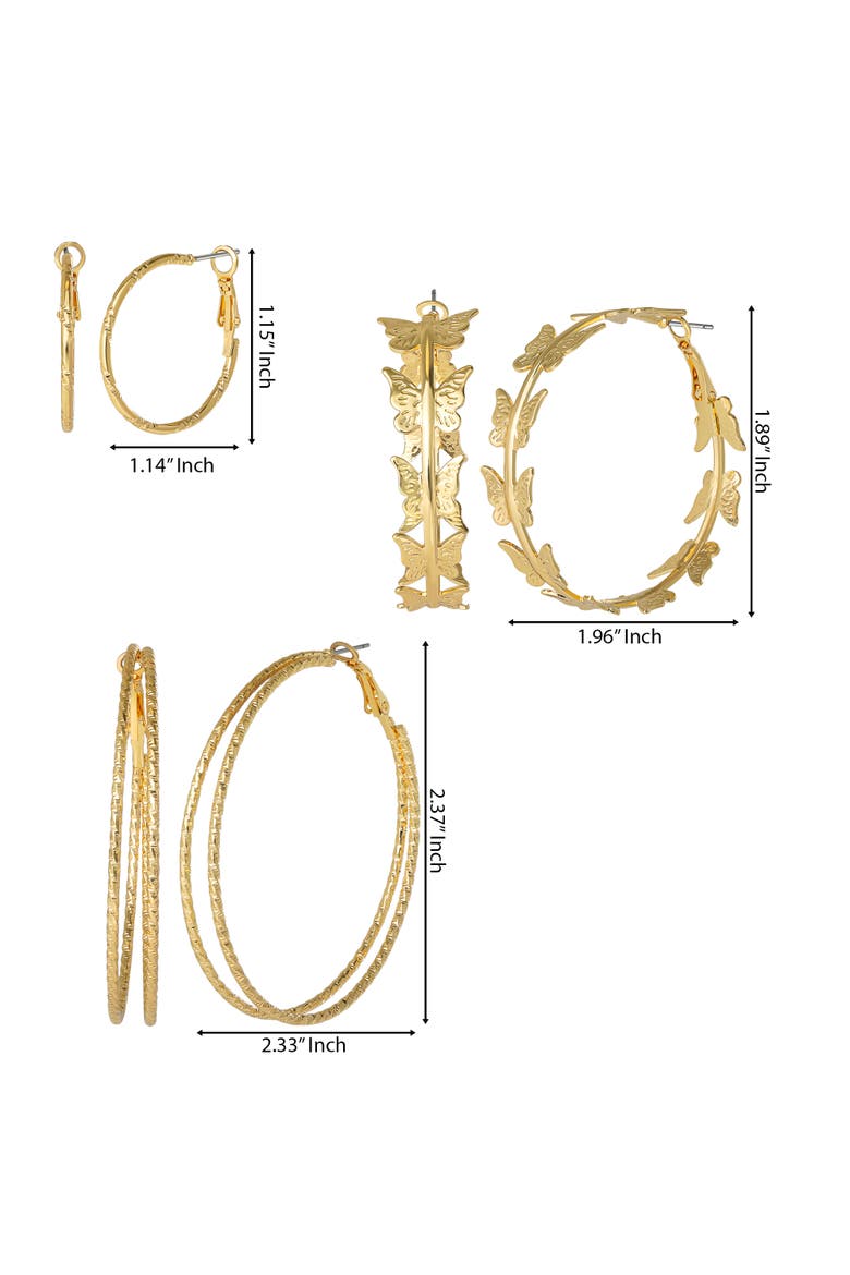 3-Piece Gold-Tone Hoop Earring Set with Butterfly Details, Alternate, color, Gold