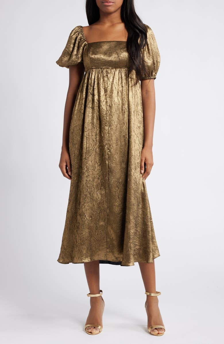 MOON RIVER Metallic Puff Sleeve Midi Dress, Main, color, 