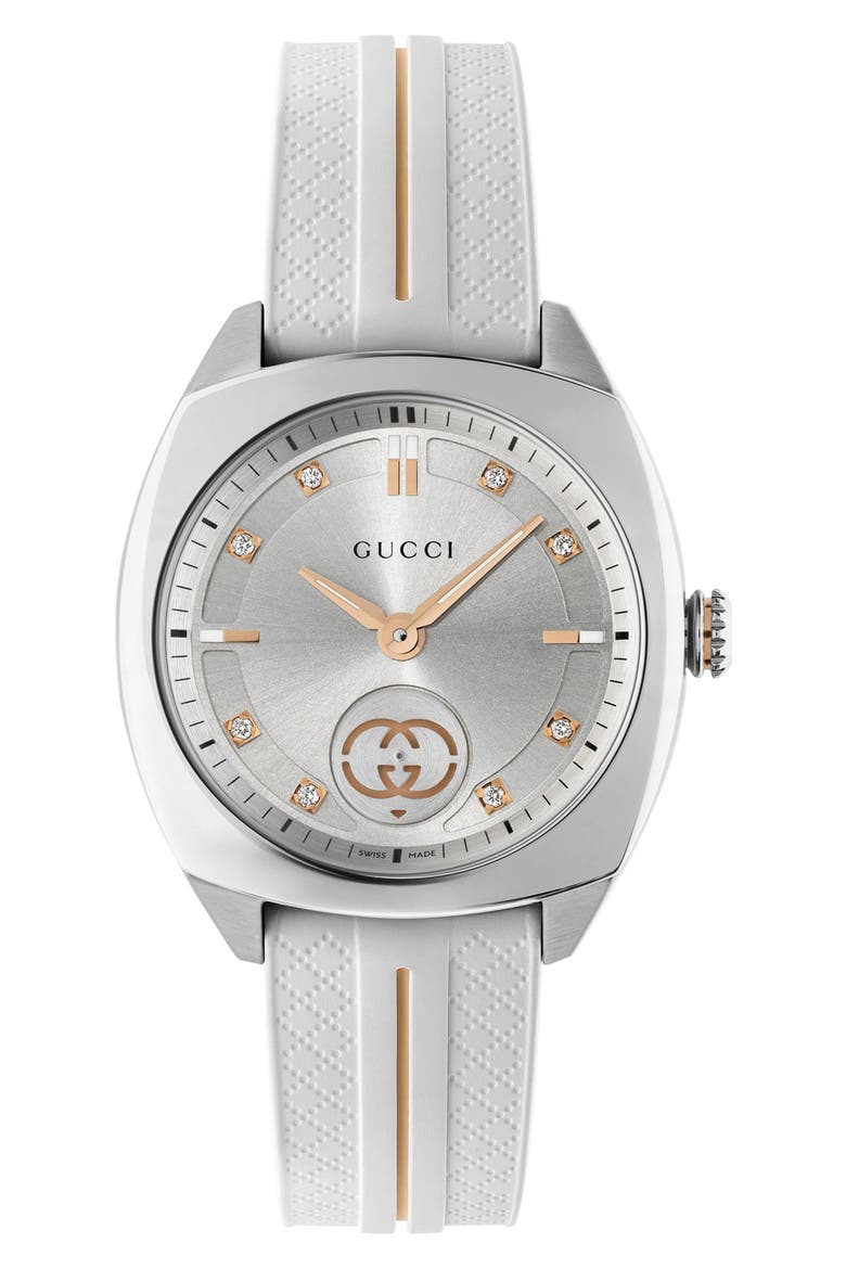 Interlocking G Diamond Rubber Strap Watch, 29mm, Alternate, color, WHITE