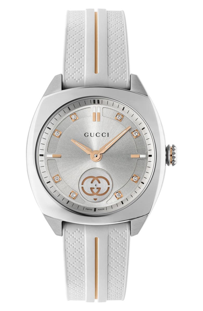 Gucci Interlocking G Diamond Rubber Strap Watch, 29mm, Alternate, color, White