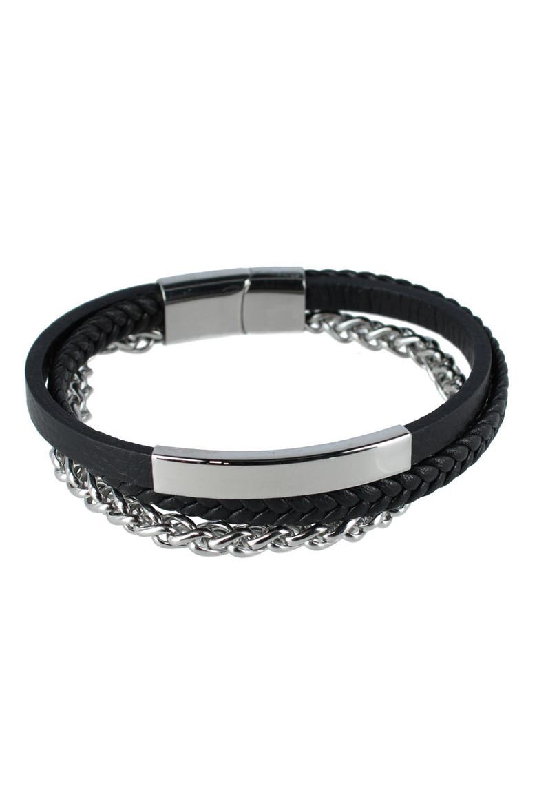 Loose Fit Zaid Metal and Leather Triple Strand Secure Clasp Bracelet, Main, color, Black Leather and Silver Metal