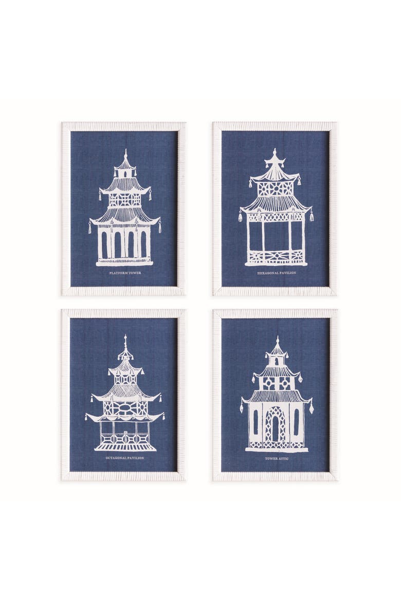 Traditional Pagoda Study Art Prints, Set of 4 - Blue, Main, color, Blue