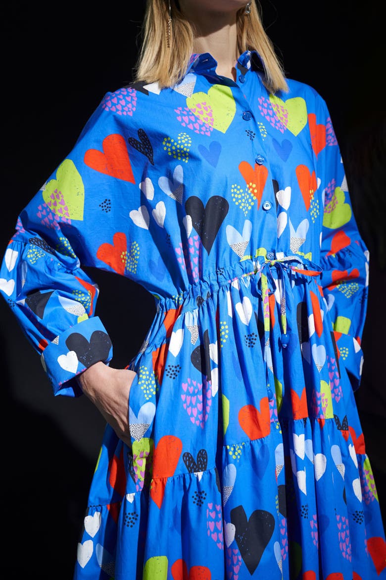 Long Cotton Dress With Heart Print, Alternate, color, Blue / Multicolour