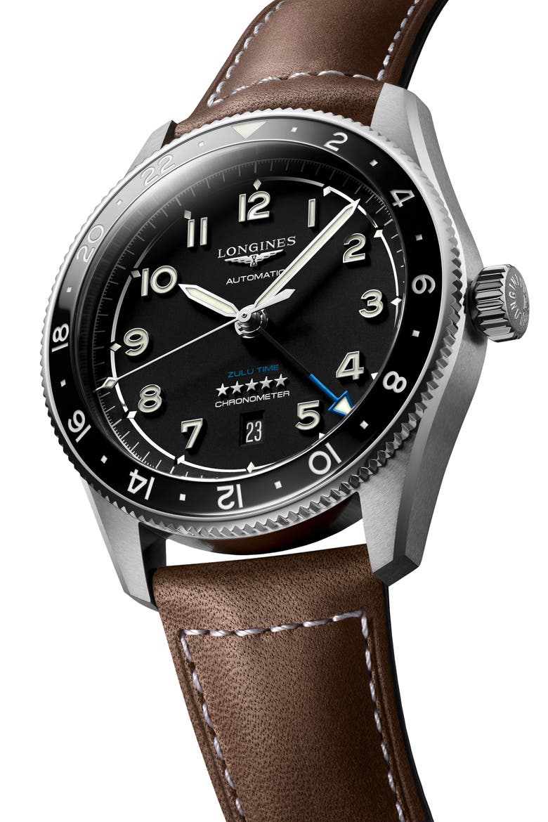 Spirit Zulu Time Leather Strap Watch, 42mm, Alternate, color, BLACK/ BROWN
