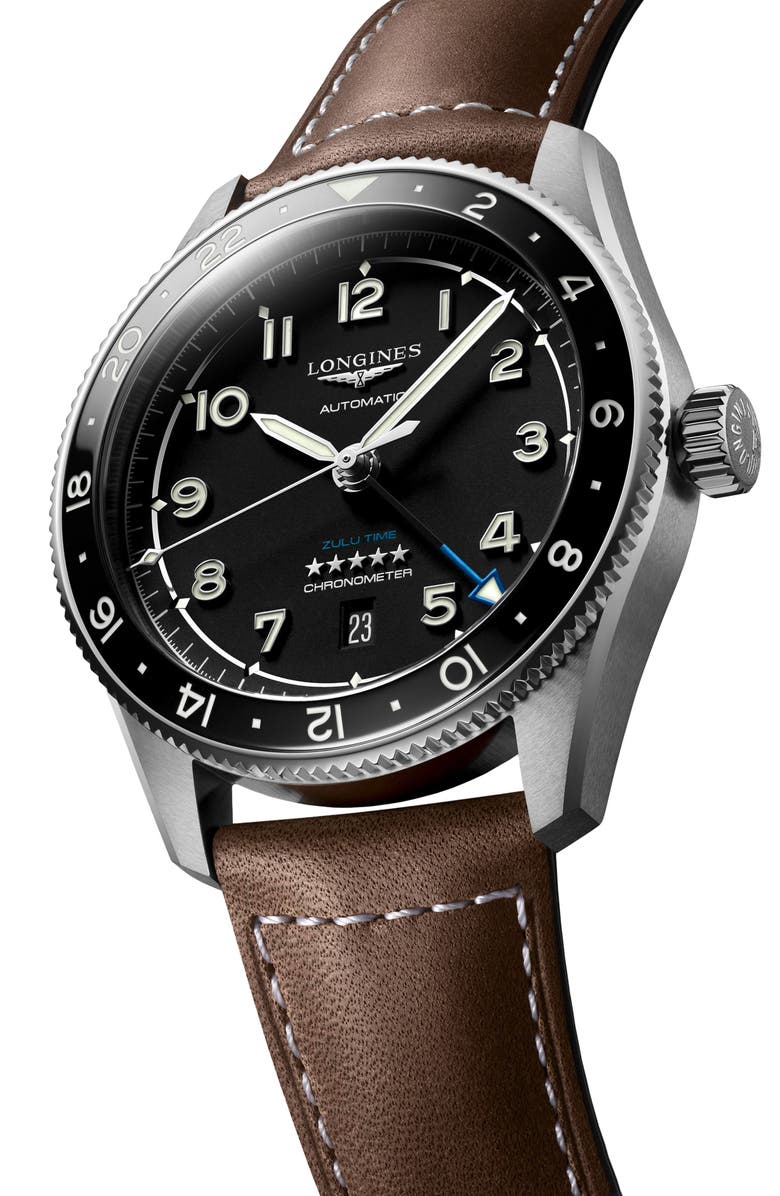 Longines Spirit Zulu Time Leather Strap Watch, 42mm, Alternate, color, Black/ Brown