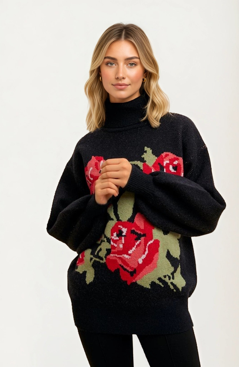 Knit and Lounge Bold Rose Design Turtleneck Sweater, Alternate, color, 