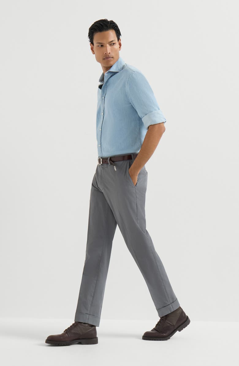 Brunello Cucinelli Garment-dyed Italian fit trousers in American Pima comfort cotton gabardine, Alternate, color, Silver