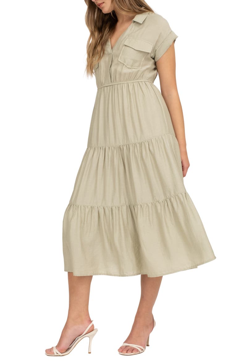 Short Sleeve Tiered Shirtdress, Alternate, color, LIGHT OLIVE