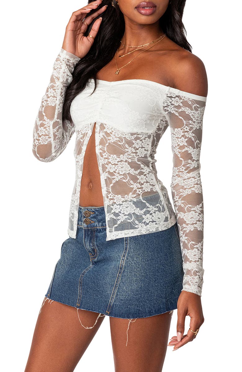 EDIKTED Odessa Split Front Off the Shoulder Lace Top, Alternate, color, White