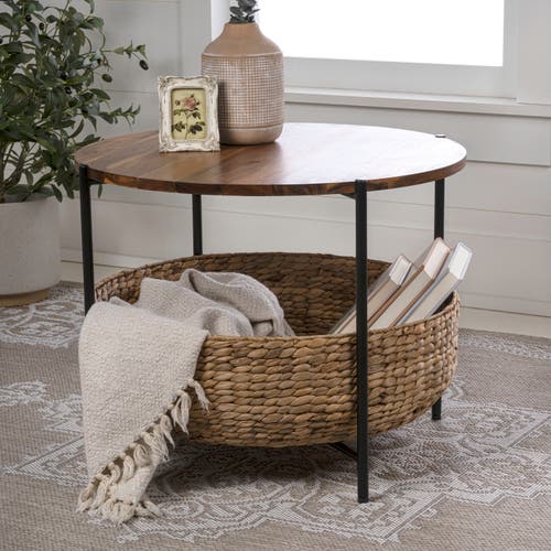 Happimess Carly 24.21" Modern Coastal Round Acacia Wood/water Hyacinth Coffee Table With Storage Bas