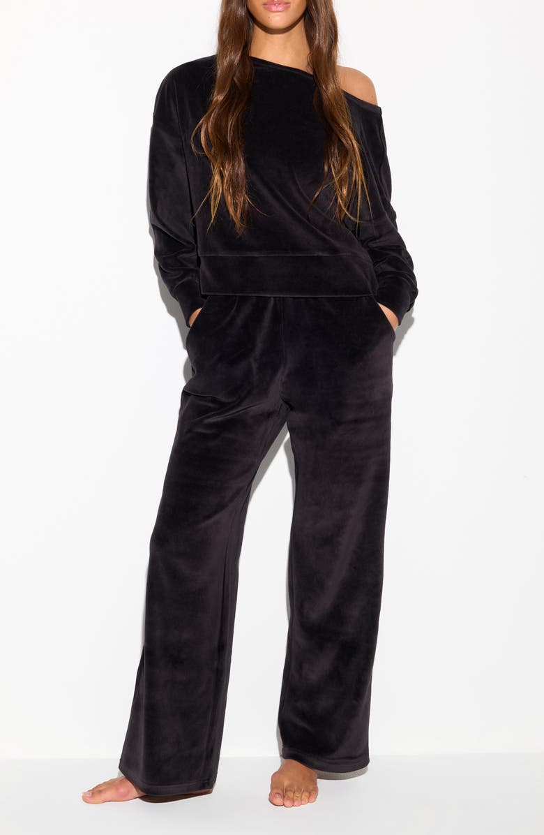 Spiritual Gangster Ava Off the Shoulder Velour Sweatshirt, Alternate, color, Black