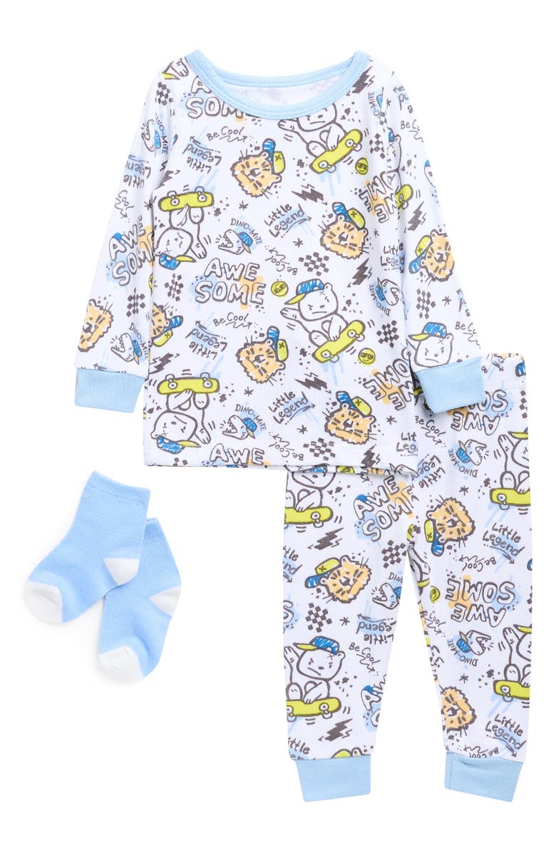 SLEEP ON IT Little Legend Fitted Two-Piece Pajamas & Socks Set, Main, color, Blue