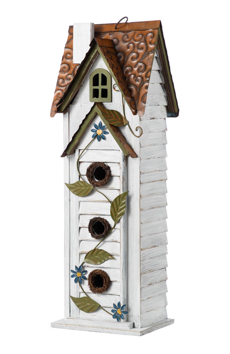 Glitzhome 24.25"H Oversized 3-Tiered Solid Wood Villa Decorative Outdoor Garden Birdhouse, Alternate, color, White