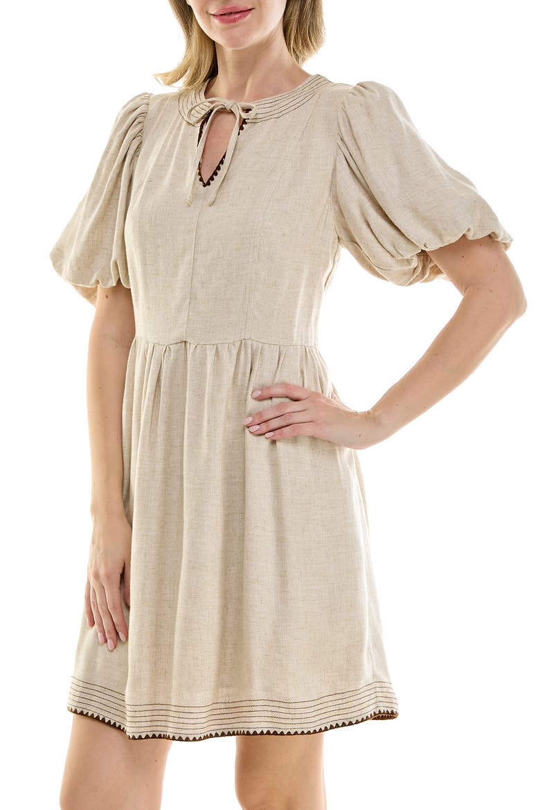 Embroidered Short Sleeve Fit & Flare Dress, Alternate, color, HEATHER TAN