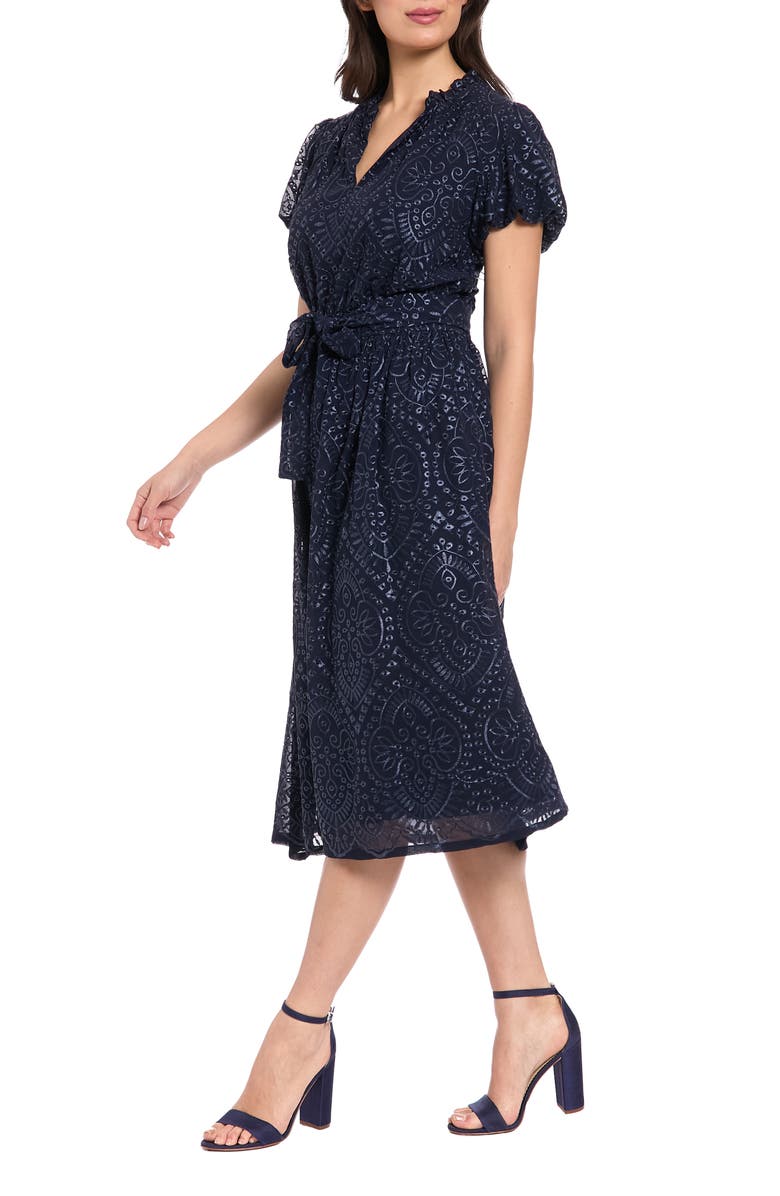 London Times Eyelet Embroidered Puff Sleeve Midi Dress, Alternate, color, Navy