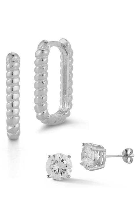 Set of 2 Cubic Zirconia Stud & Twisted Oval Huggie Hoop Earrings