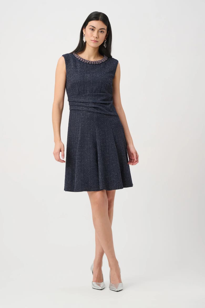 Lurex Boucle Flounce Dress with Pearl Trim, Alternate, color, Navy/Black