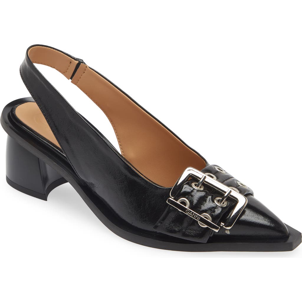 Ganni Naplack Buckle Slingback Pumps Black