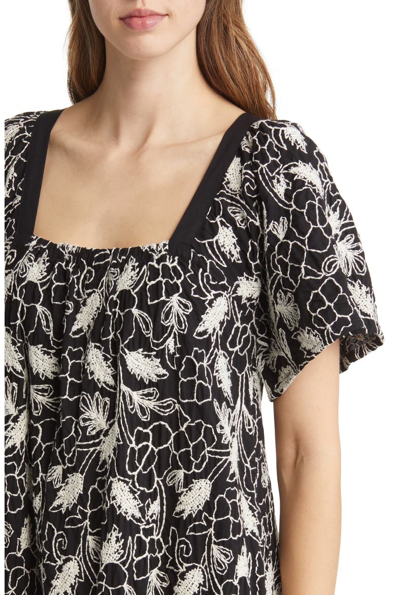 Neia Floral Embroidered Cotton A-Line Dress, Alternate, color, BLACK