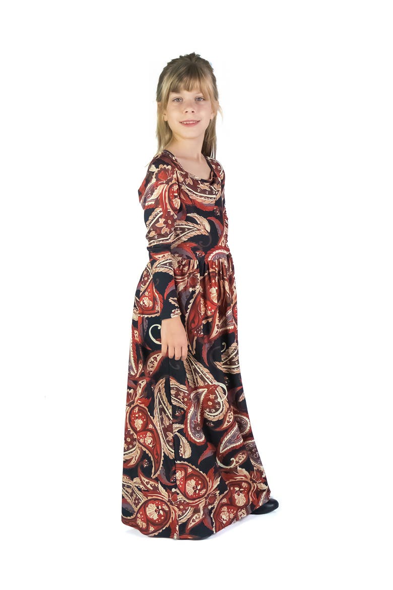 Black and Red Paisley Long Sleeve Pleated Maxi Dress, Alternate, color, Brown Multi