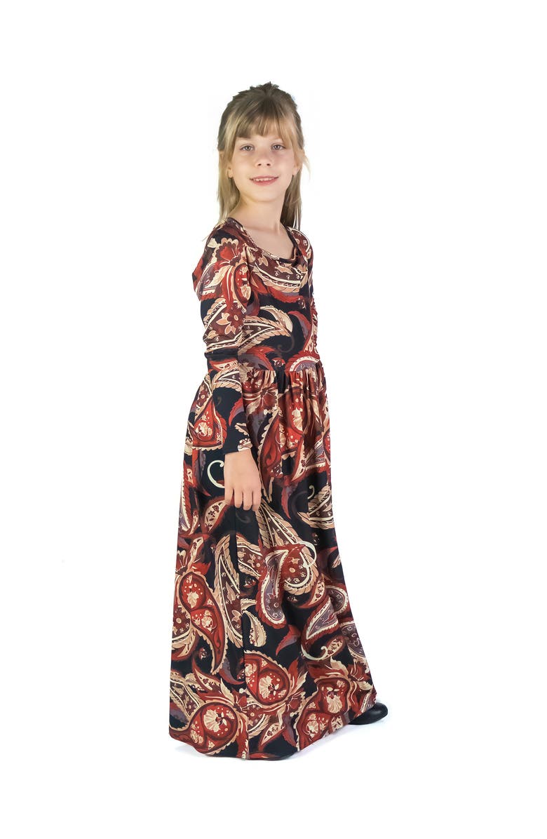 24sevenKid Black and Red Paisley Long Sleeve Pleated Maxi Dress, Alternate, color, Brown Multi