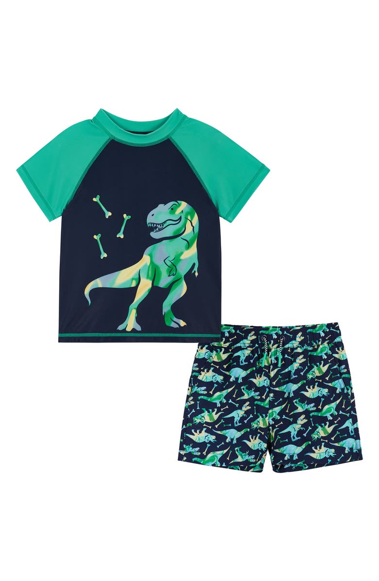 Andy & Evan Dinosaur Rashguard T-Shirt & Swim Shorts Set, Main, color, 