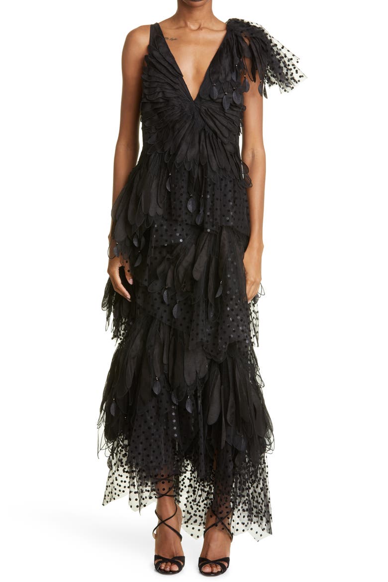 Rhythmic V-Neck Fluted Gown, Main, color, BLACK