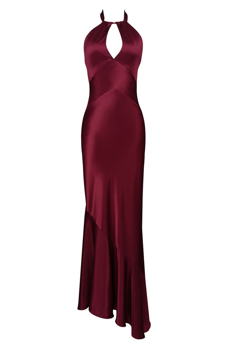 HOUSE OF CB Oliviana Cutout Satin Halter Gown, Alternate, color, Wine