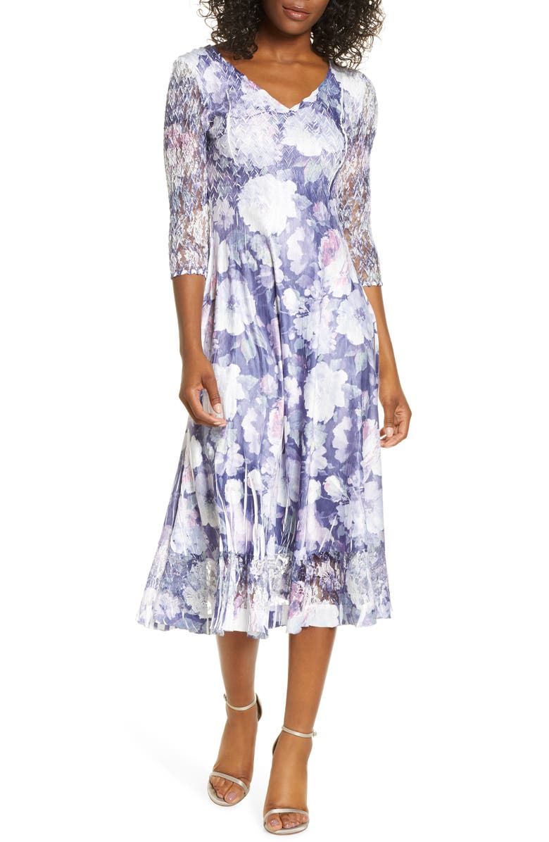 Komarov Lace Sleeve Charmeuse Midi Dress, Main, color, 