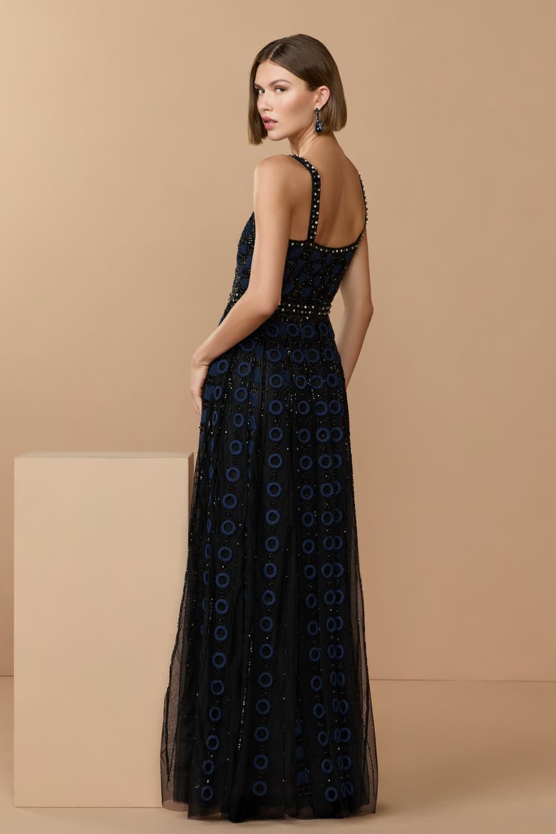 Sleeveless Embellished Mesh A-Line Evening Gown, Alternate, color, Black Midnight