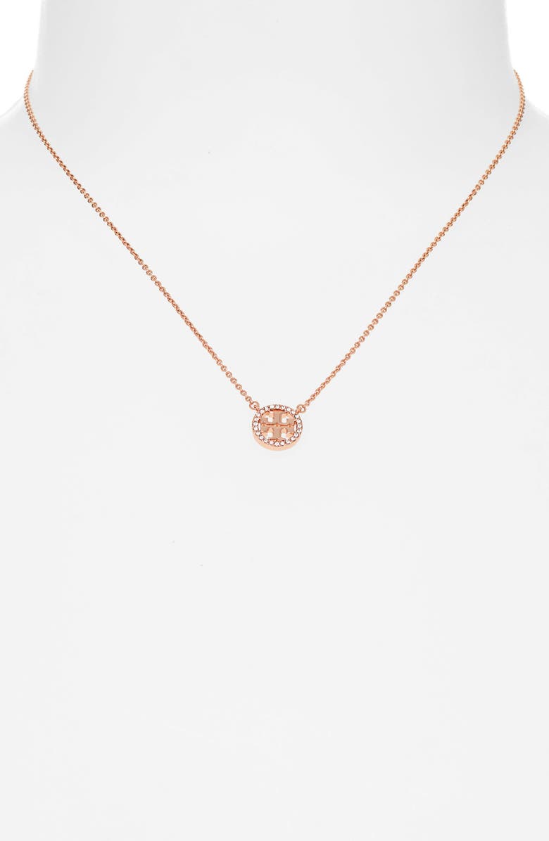 Tory Burch Icon Pavé Pendant Necklace, Alternate, color, Rose Gold/ Crystal