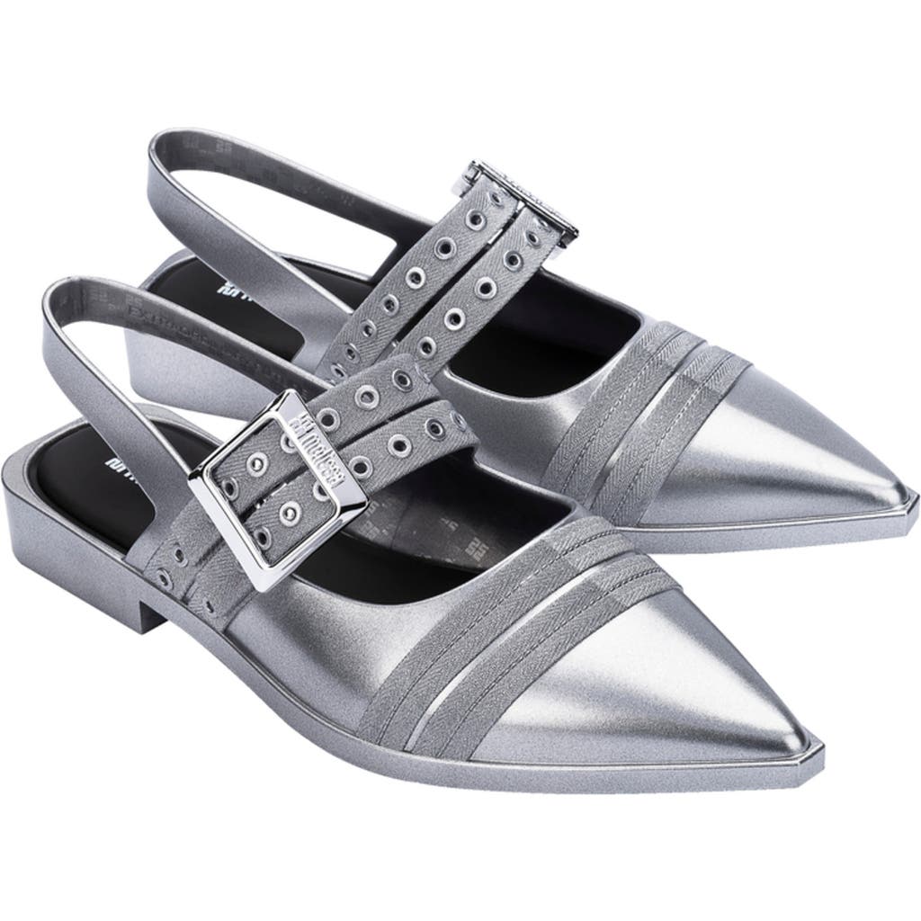 Melissa Ladylike Mary Jane Pointed Toe Flat In Silver/black
