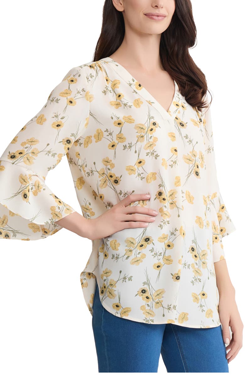 Jones New York Floral V-Neck Flutter Sleeve Top, Alternate, color, White Sand Multi