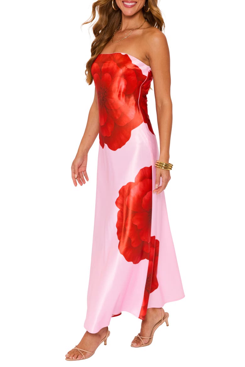 Bolden Strapless Satin Maxi Dress, Alternate, color, PINK RED