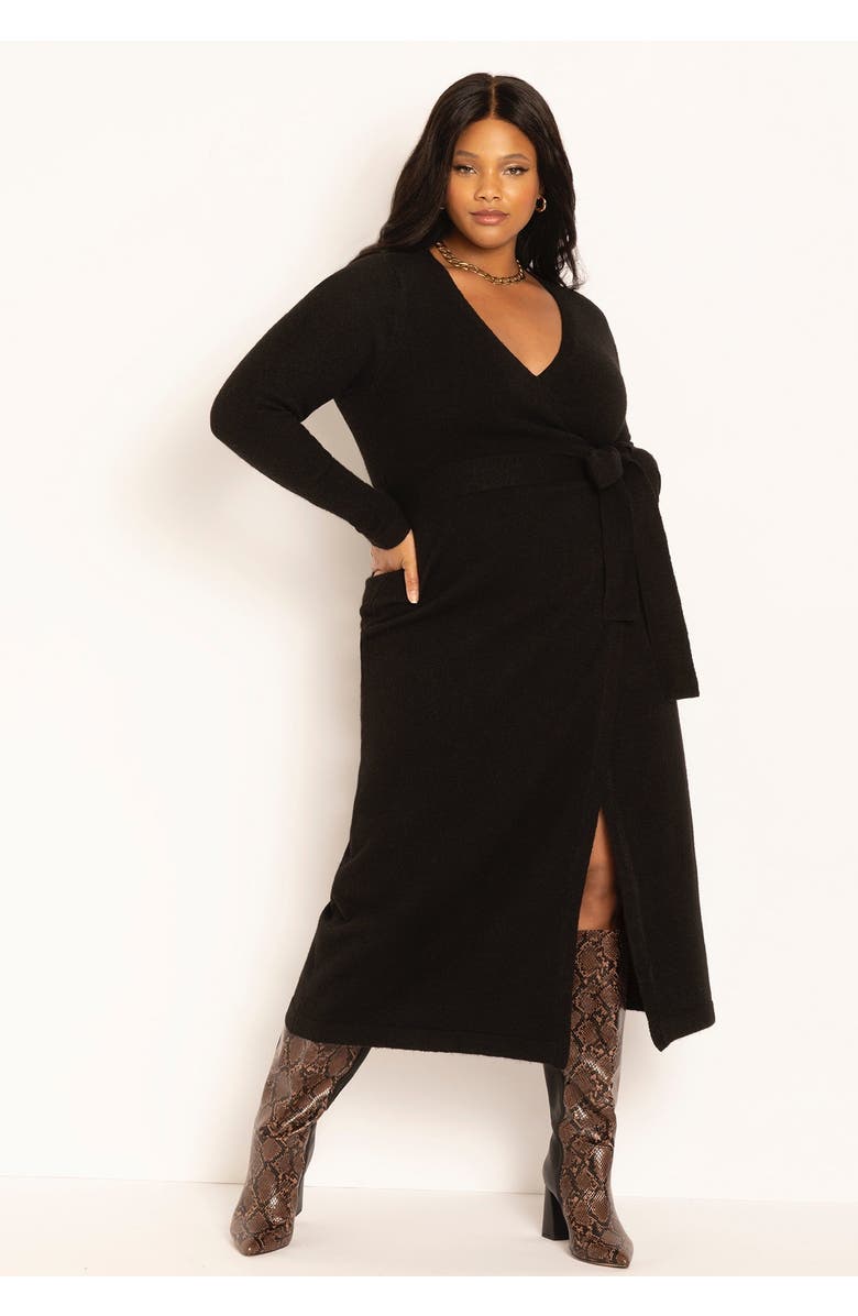 ELOQUII Sweater Wrap Dress, Main, color, Black Onyx
