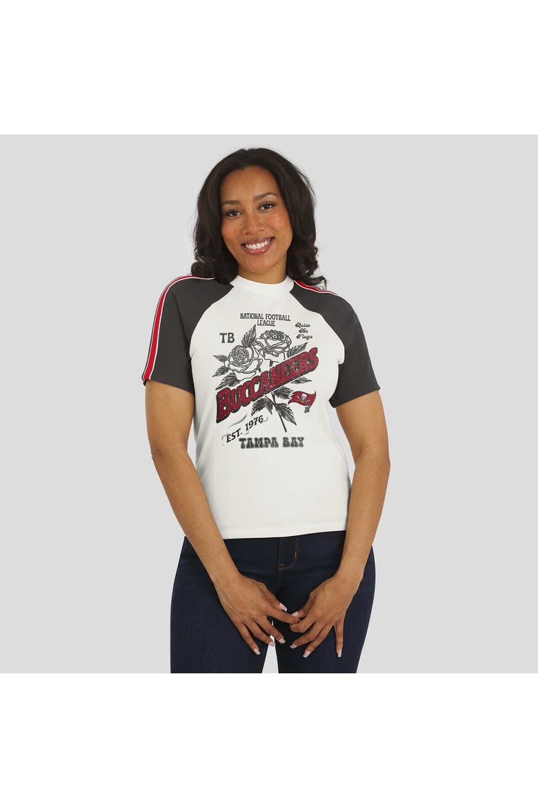 Women's WEAR by Erin Andrews White Tampa Bay Buccaneers Sleeve Stripe Distressed Raglan T-Shirt, Alternate, color, White